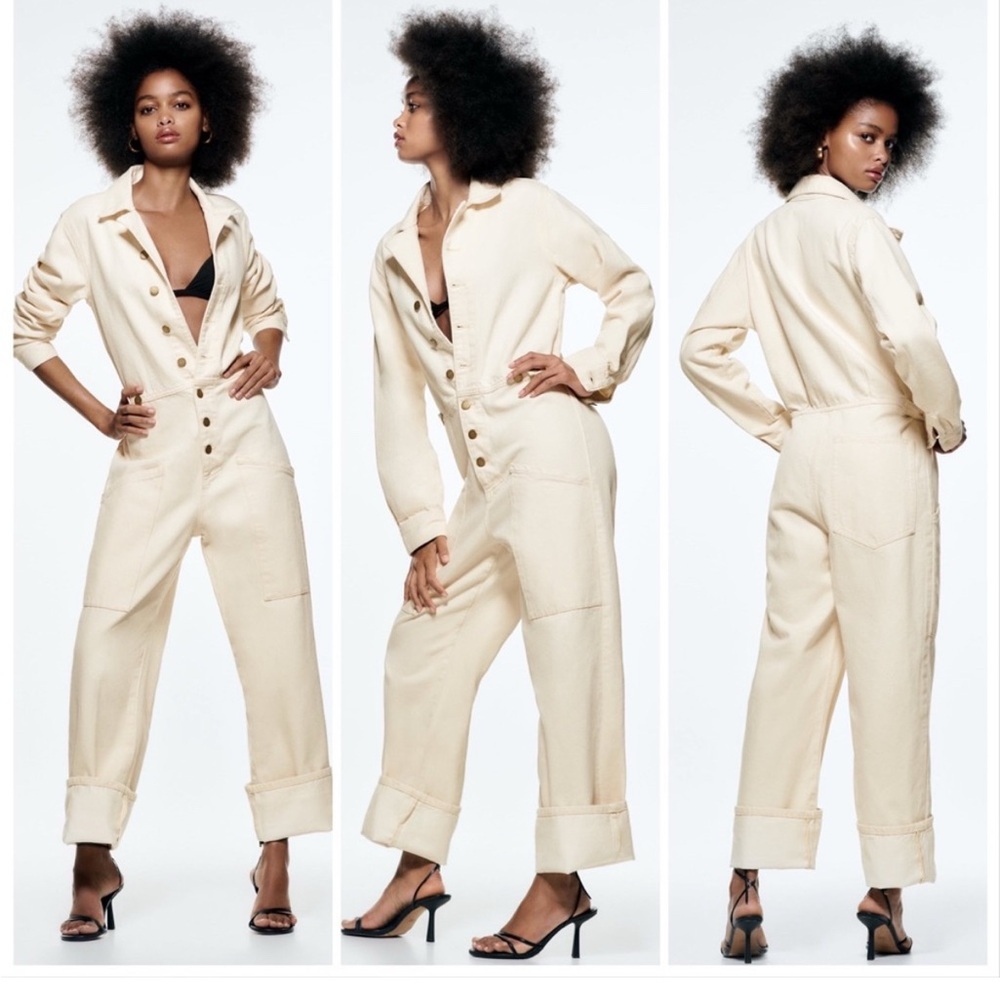 Zara off-white/cream denim painters, style jumpsuit 
size medium NWOT